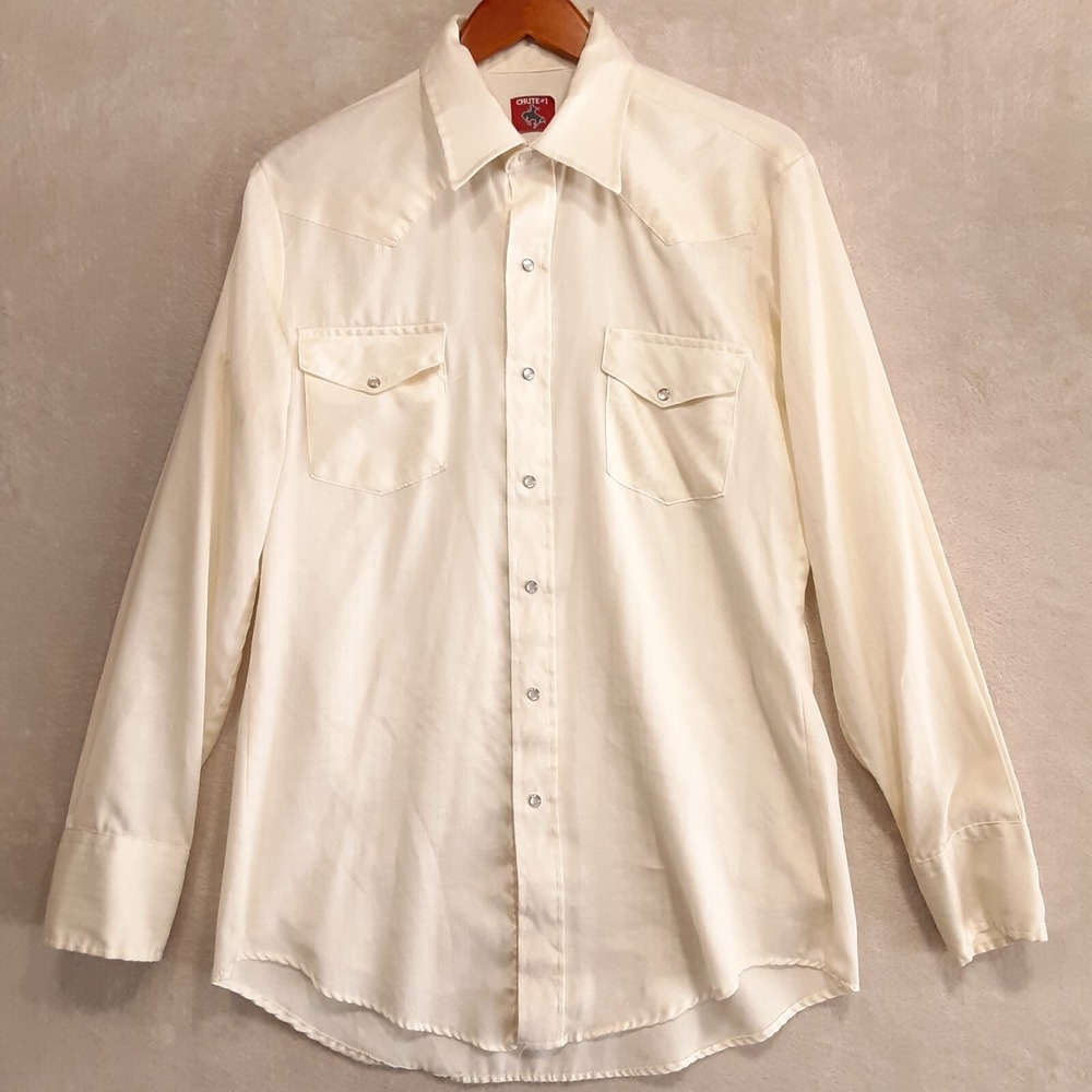 Chute Mens Long Sleeve Pearl Snap Button Shirt Sz.L/Off-White/Western/Vintage
